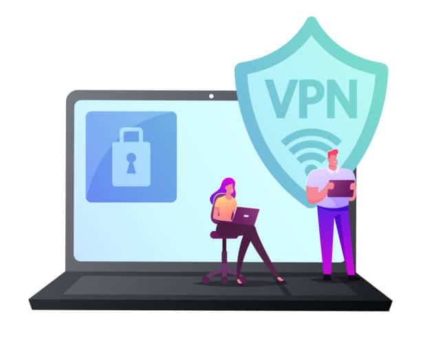 Virtual Private Network, VPN Concept. Website Encryption, Data Security and Privacy in Internet. Tiny Characters on Huge Laptop with Lock Symbol on Screen. Cartoon People Vector Illustration