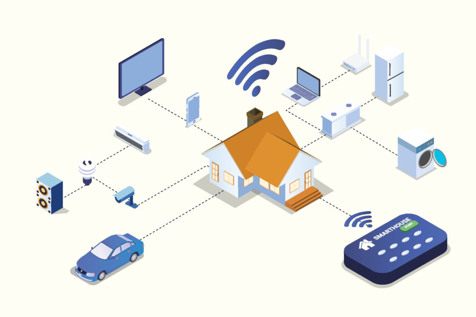 Smart home control system remote with wireless connection to control all of smart home devices. Isometric vector concept.