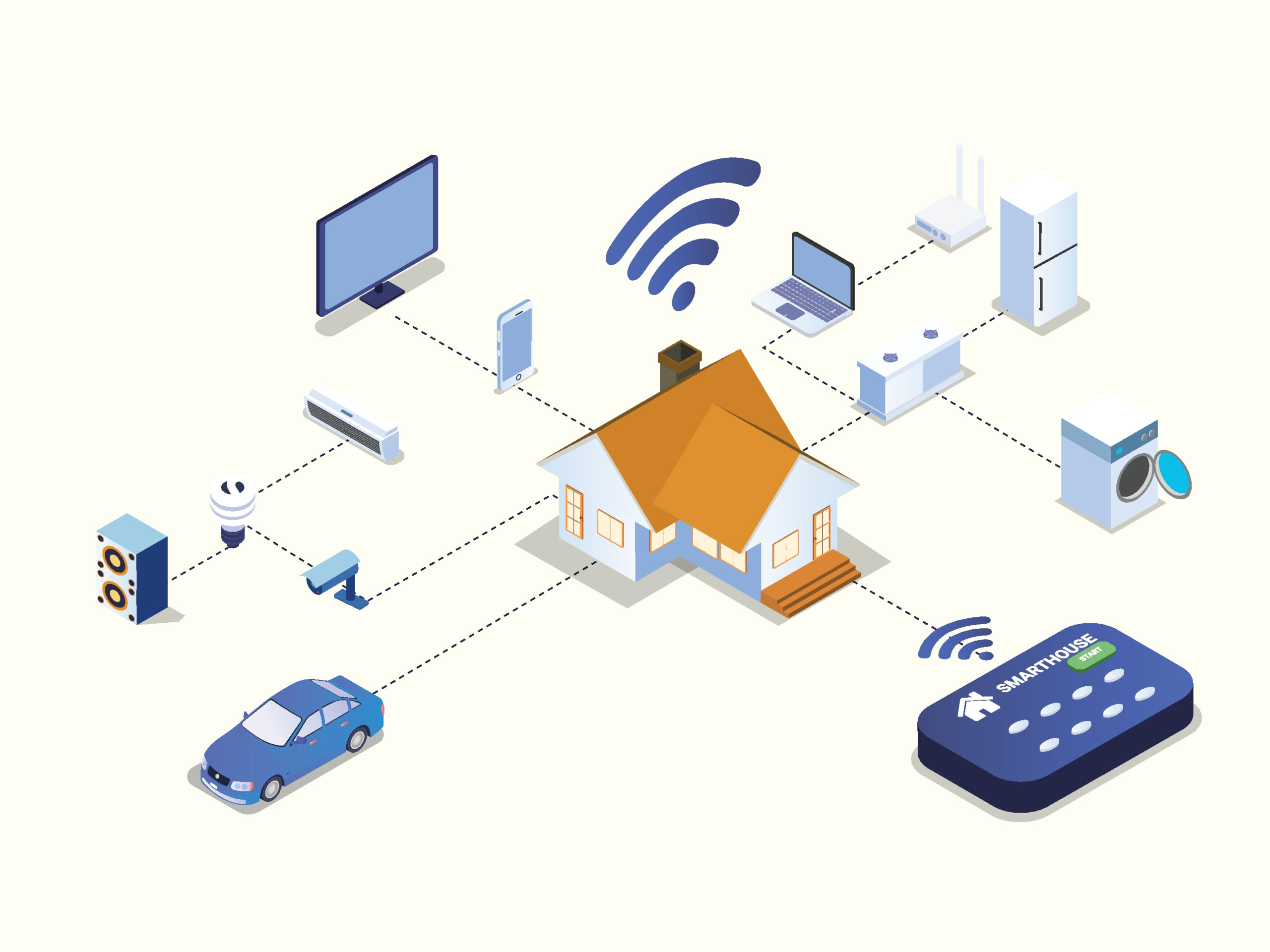 Smart home control system remote with wireless connection to control all of smart home devices. Isometric vector concept.
